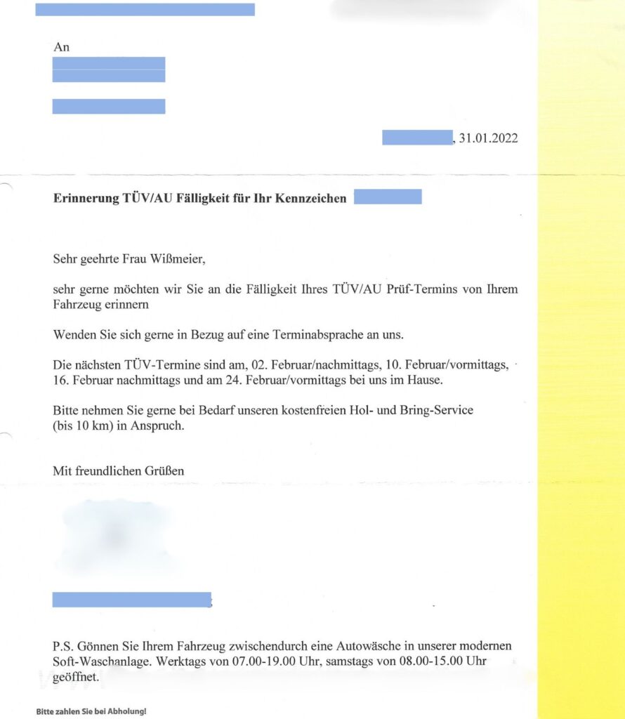 Geschäftsbrief formulieren Beispiel Werkstatt